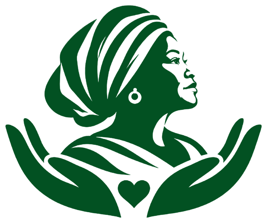 A woman in a headwrap held up by two open hands, the emblem of the foundation